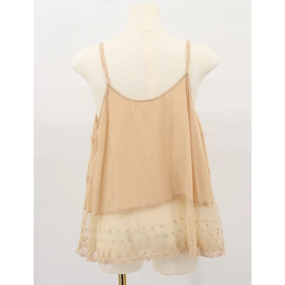 Iris Basic Women's Beige Boho Cami Lace Tank Top Sleeveless Y2K Sz M - Picture 2 of 5